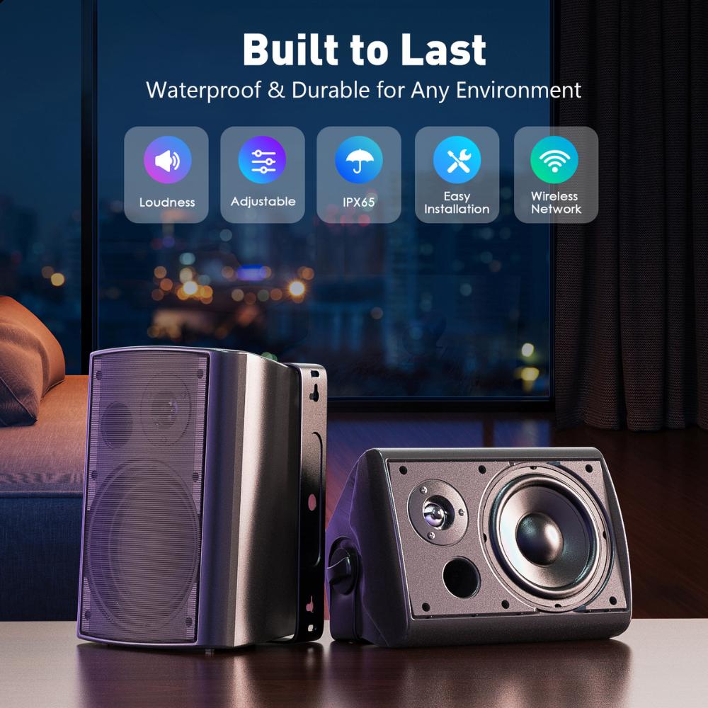 Herdio 6.5-inch Outdoor Wired Speakers with Bluetooth Amplifier Waterproof Wall Mount Sound System for Patio, Deck, Porch (2 Pair Black/White)