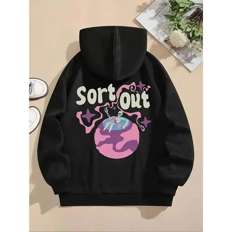 Plus Size Letter Planet Skeleton Print Drop Shoulder Hoodie, Fashion Casual Drawstring Pocket Hooded Sweatshirt for Daily Holiday Outdoor Wear, Women Clothing for Fall Winter