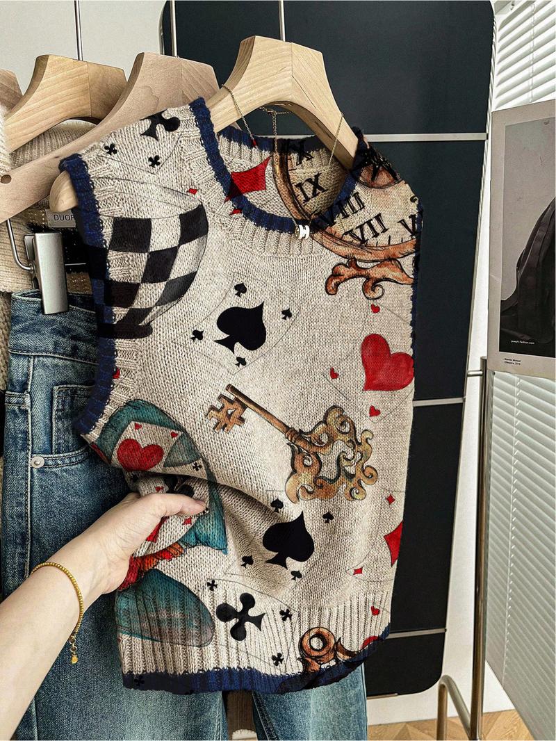 1 piece + Spring/Summer Back-to-School Casual Style Loose Round-neck Sleeveless Knitted Dark Blue Embroidered Color-Contrast Patchwork Print Women's Knitted Top for Outfits, Women's Outerwear, to be worn alone or paired with a jacket