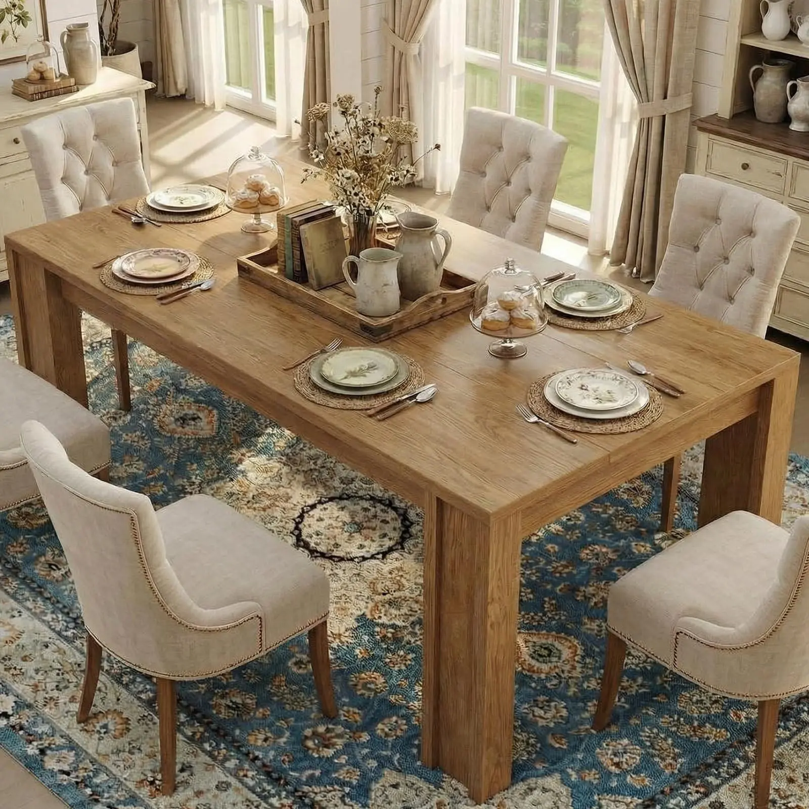 GARVEE 71" Long Dining Table for 6-8, Farmhouse Rectangular Wood Kitchen Table with Wide H-Legs & Thick Top,Dining Room Table for Dinner, Apartment, Natural