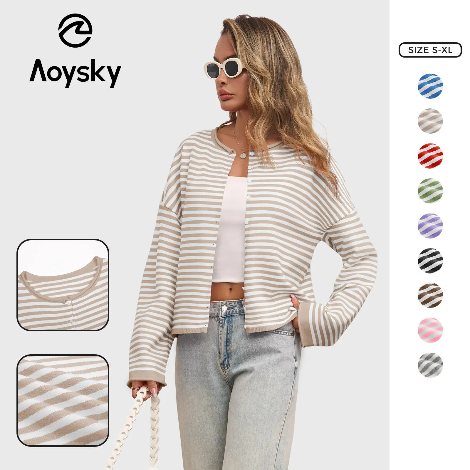 Aoysky Women's Casual Striped Collared Cardigan, Long Sleeve Lightweight Knit Open Front Button-Down Top with Pocket, Fitted, Plaid, Acrylic, Front Pocket, Knitwear, Rolled Edge Neckline, Sweaters, Full Sleeves, Fitted Cut, Longsleeves