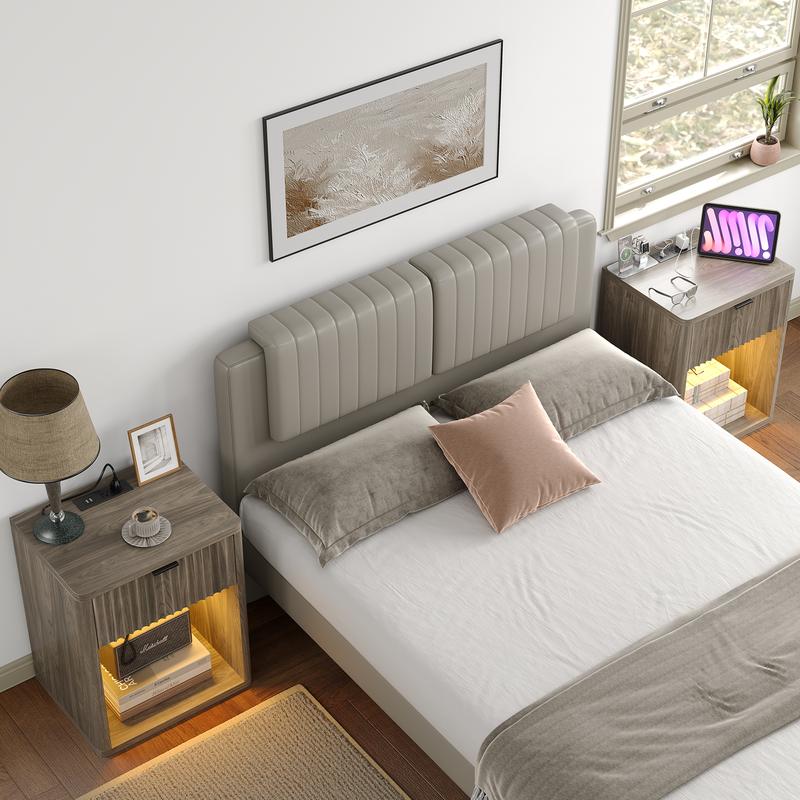 FUSOU Night Stand with Charging Station, Large LED Nightstand with Drawer and Storage Shelf, Lighting Modes Adjustable, Modern Deals for you Days Wood Nightstand Side Table End Table for Bedroom, Living Room, Oak