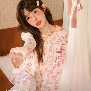 Kawaii Miffy Rabbit Pajamas Cute Cartoon Miffy Autumn Winter Pajamas Women Warm Long-sleeved Fully Printed Cartoon Home Wear Set