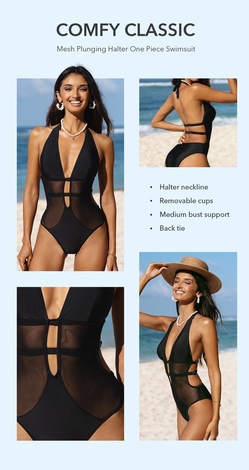 CUPSHE 2026 Hourglass Sculpting Mesh One Piece Swimsuit | Deep V Neck Tummy Control Monokini | Chic Halter Back Sheer Bathing Suit for Pool Party Glam