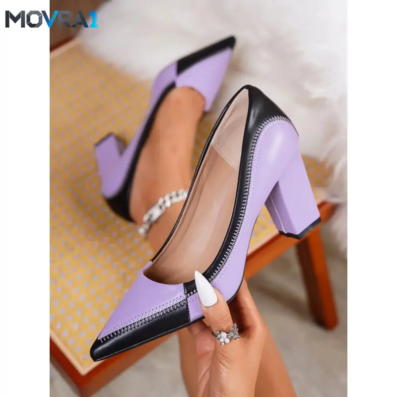 MOVRA1 Women's Heel Pumps, Pointed Toe Chunky Heels, Block Heels, Fashion Classy Stylish Party Shoes, Day Footwear, Comfortable Versatile Evening Shoes, Elegant Style, Black And Purple Patchwork, Fashionable Party Shoes