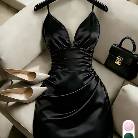 Sexy Knit Dress, Deep V-Neck Sleeveless Ruched Bodycon Mini Dress, French Chic Dress, Evening Party Dress, Cocktail Fit Dress, Elegant Party Dresses, Dresses For Party, Office Wear, Womenswear