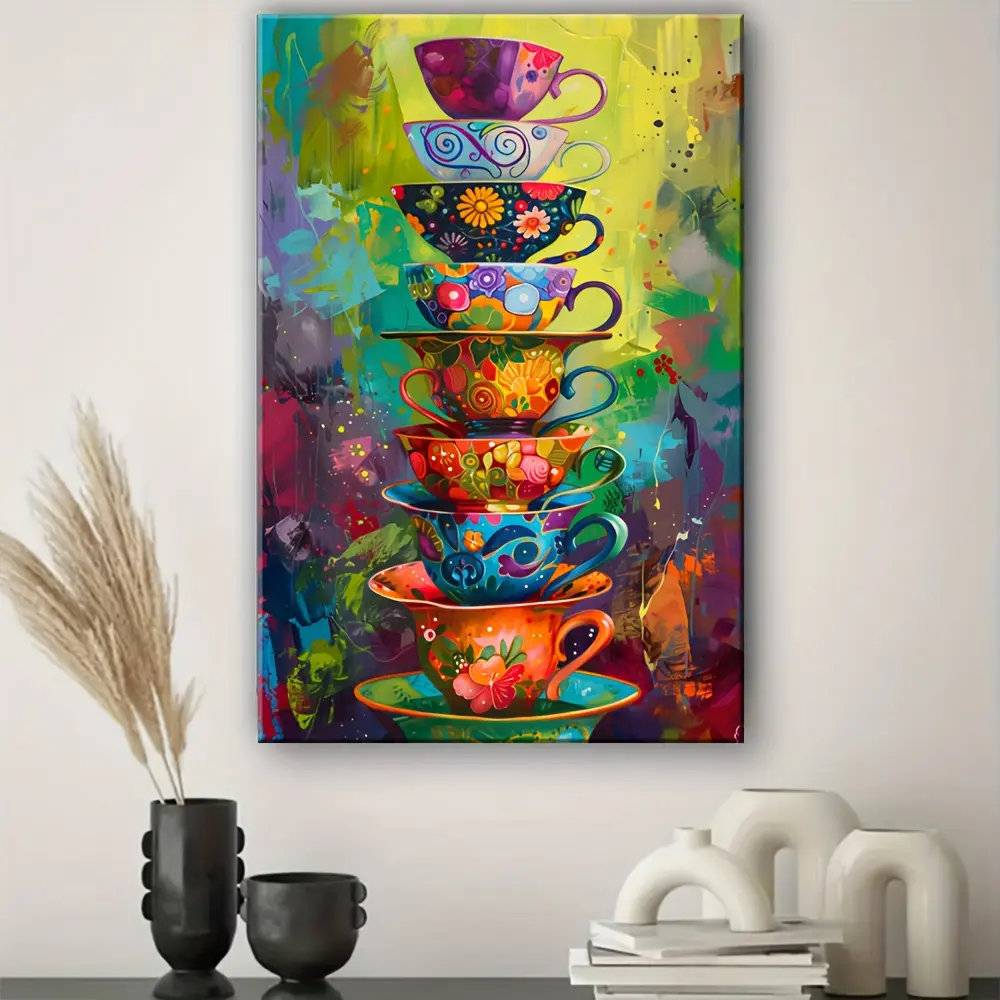 1pc 2D flat-Wooden Framed Canvas Painting, Colorful Stacked Teacups Collage, Artwork for Office, Home, and Living Room Decoration Halloween Christmas Gifts-Wrapped Canvas