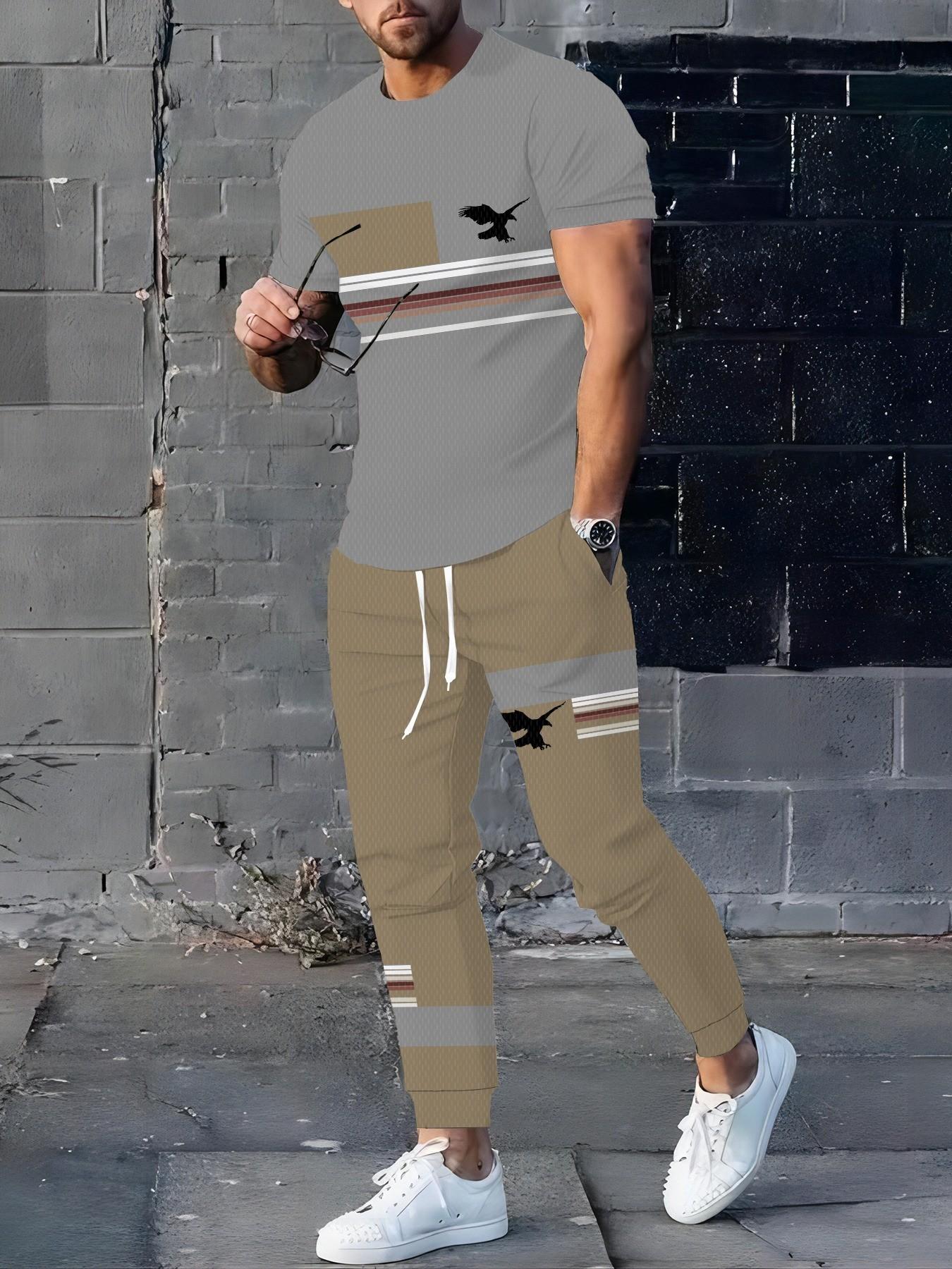 Men's Eagle Flag Striped Two-Piece Set, Casual Short Sleeve Tee and Drawstring Jogger Pants, Streetwear Summer Sports