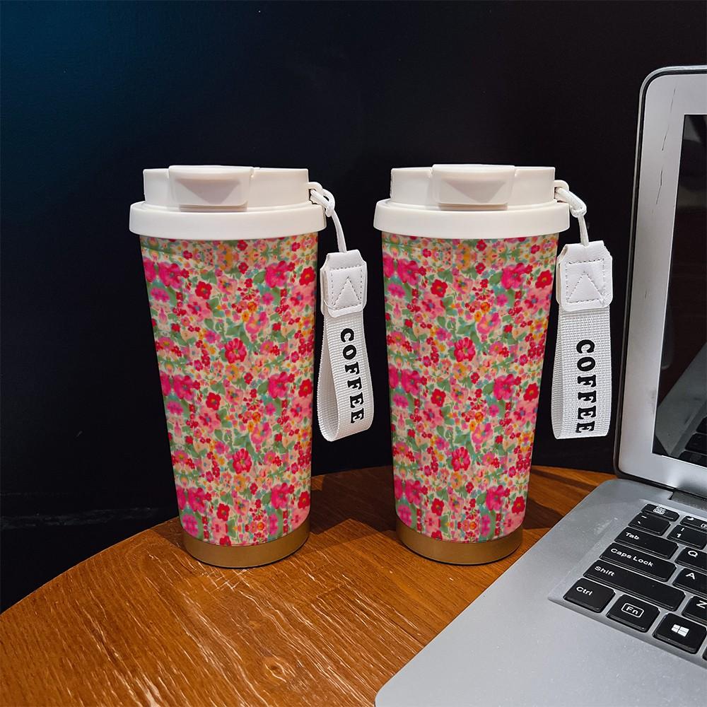 Fashionable Oil Painting Floral Vine Texture Coffee Cup, Portable Dual Drink Insulated Mug, Heat/cool Keeper, Office Travel Essential