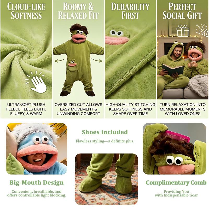 Funny Onesie Party, Comfortable Hooded Flannel Pajama Set, 3-Piece Includes Pajamas Comb Shoe Covers, Cute Monster Design
