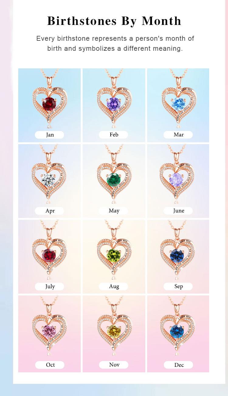 Elegant Birthstone Heart Necklace with Engraved I Love You to the Moon and Back, Rose Gold Heart Pendant, Bridesmaid & Lover Gift