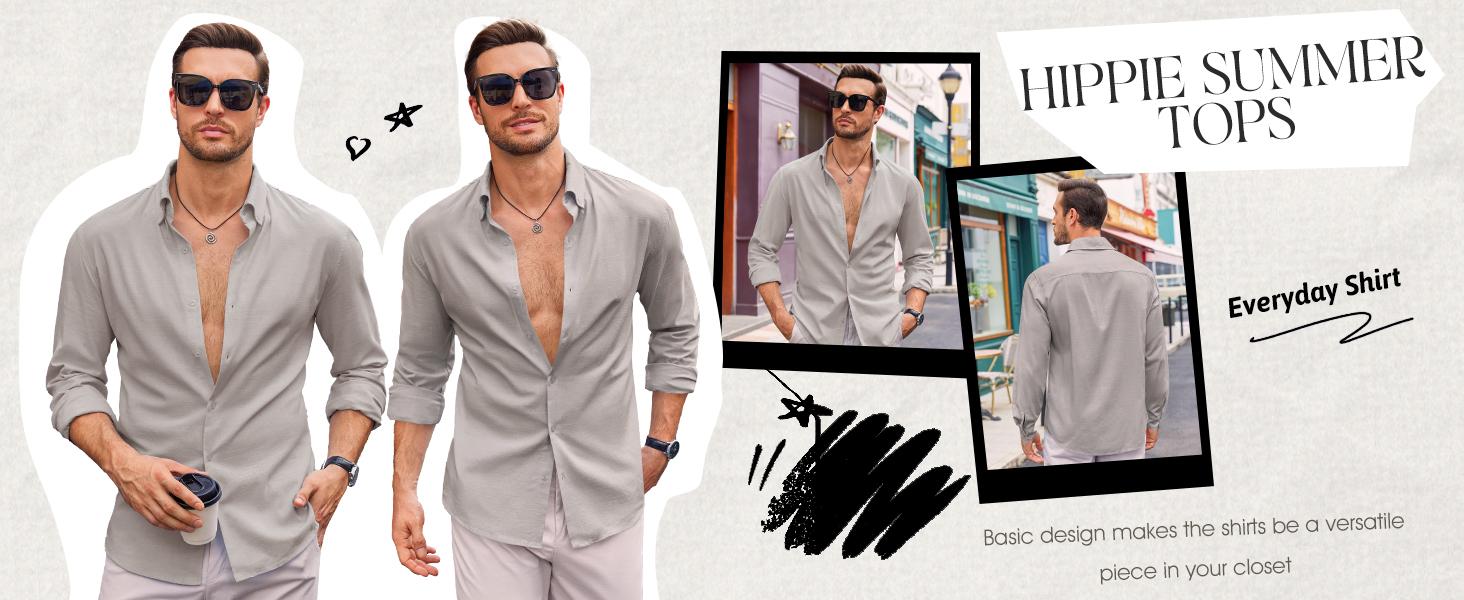 Runcati Men’s Button Down Shirt Cotton Linen Casual Long Sleeve Shirts Collared Hippie Beach Tops