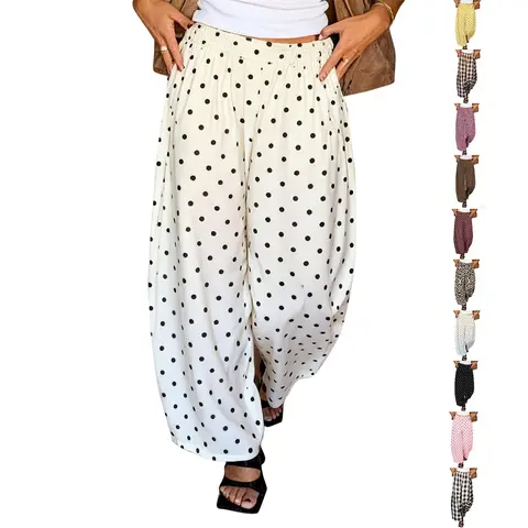 Tankaneo Womens Wide Leg Palazzo Pants Casual Barrel Baggy Pants Elastic High Waist Comfy Trousers with Pockets