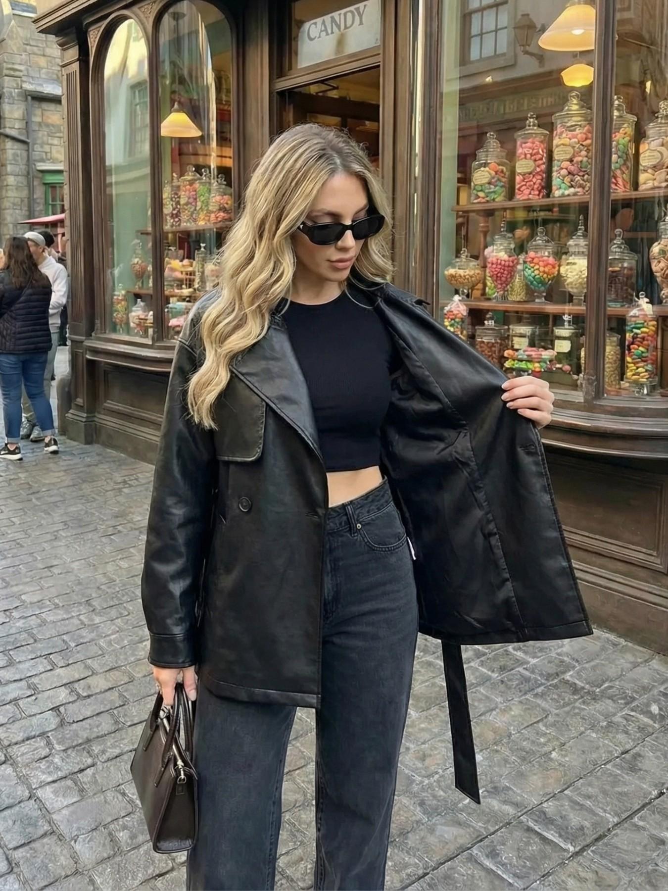 Elegant Belted Waist Long Sleeve Leather Jacket for Women, Fall Winter Loose Fit Casual Double-Breasted Windbreaker, Trendy Outerwear