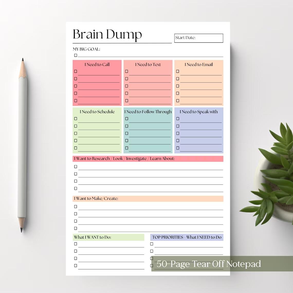 A5 Brain Dump Notebook, 50 Pages Daily To-Do List Planner, Focus Concentration, Improve Efficiency, Reduce Stress, Essential Organizer