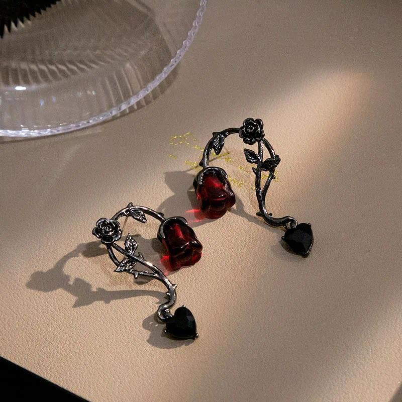 Y2K Gothic Black Liquid Heart Cross Star Pendant Earrings New Red Zircon Love Dangle Earring Irregular Aesthetic Jewelry