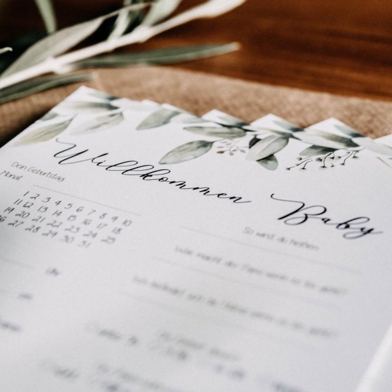 10 German Newborn Welcome Cards, Watercolor Leaf Baby Party Greeting Cards, Baby Birth Info Guessing Game, Interactive Paper