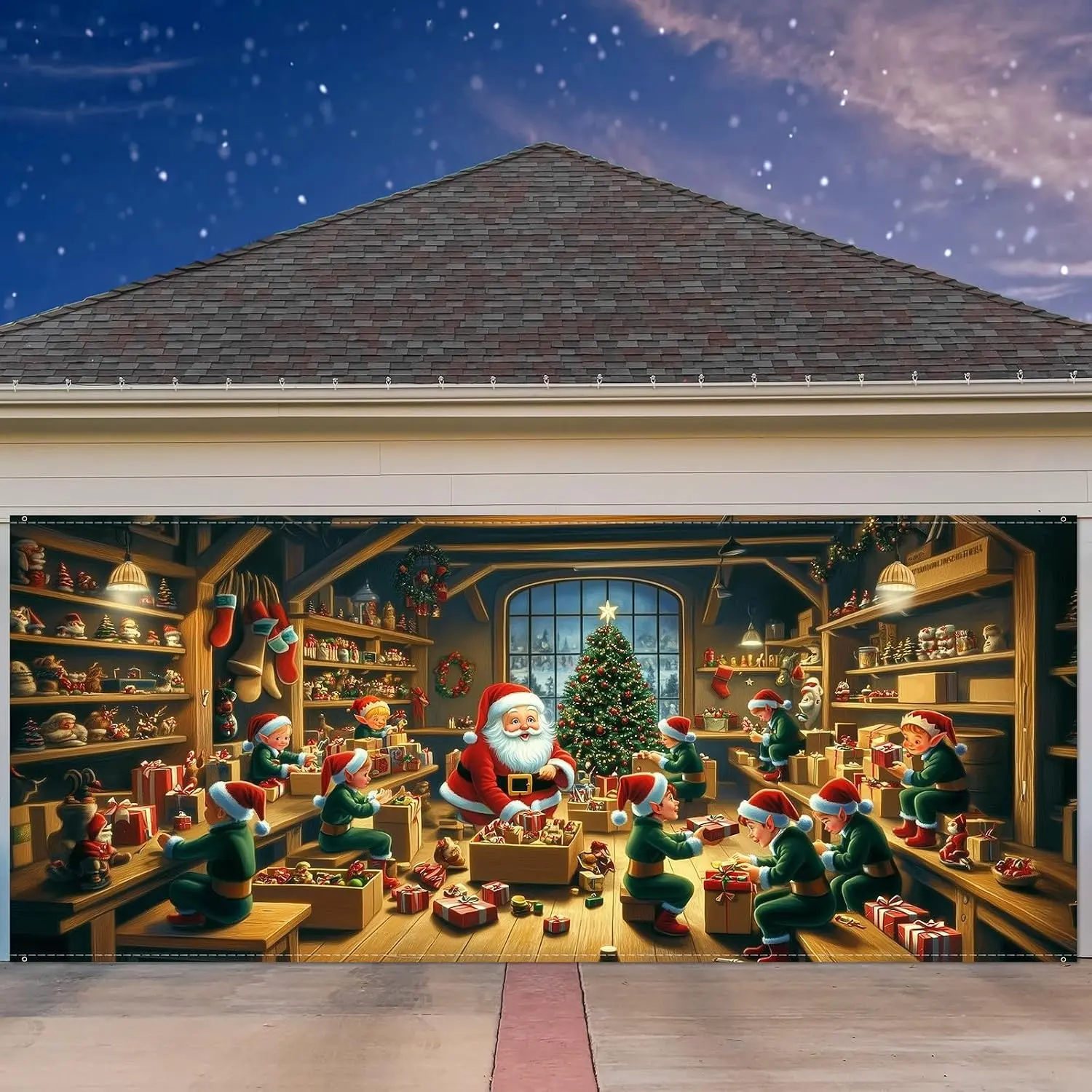 7 x 16 ft Christmas Garage Door Cover Banner Christmas Garage Door Decorations   Large Holiday Decorations Banner for Xmas Winter party(Santa’s Workshop)