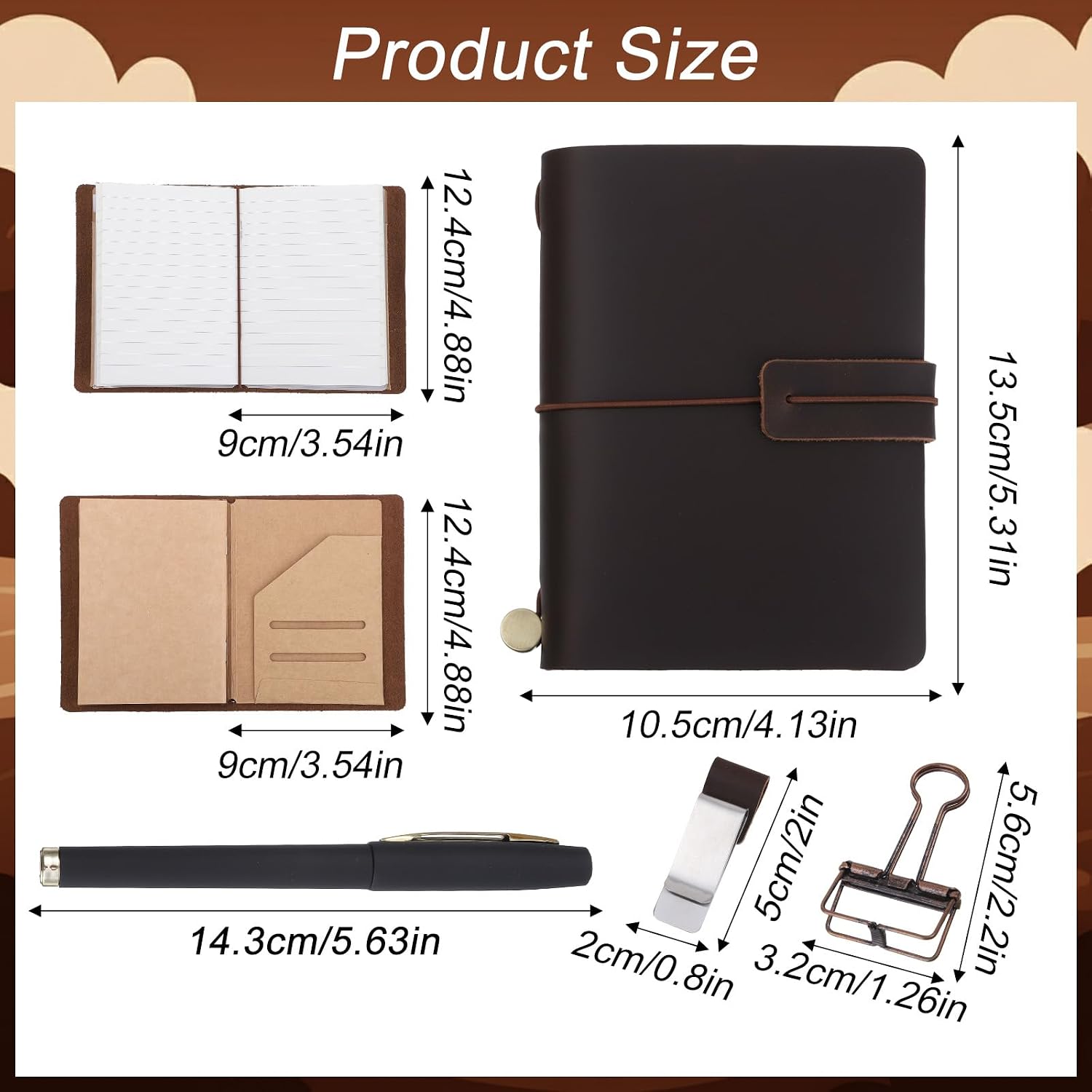 Douaowoc Travelers Refillable Leather Journal Notebook, 5.3" x 4.13" Passport Size Travel Journal Notebook with 3 Inserts,Pen Holder, Binder Clip for Men and Women (Brown)