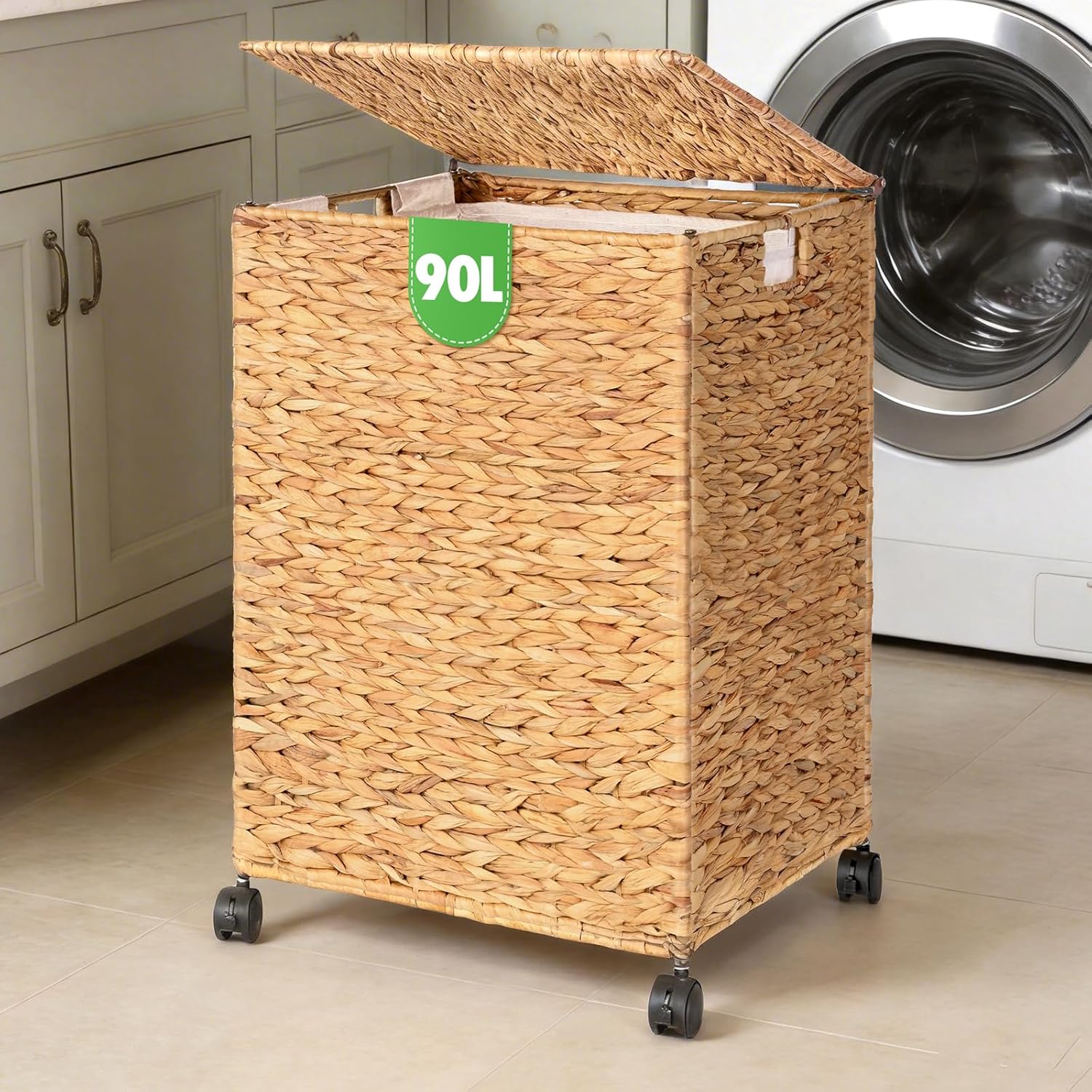 Wicker Laundry Hamper with Lid & Wheel, 23.8 Gallon (90 L) Handwoven Water Hyacinth Laundry Basket with Removable Liner & Handles, Sturdy Steel Frame for Bedroom Bathroom Laundry Room