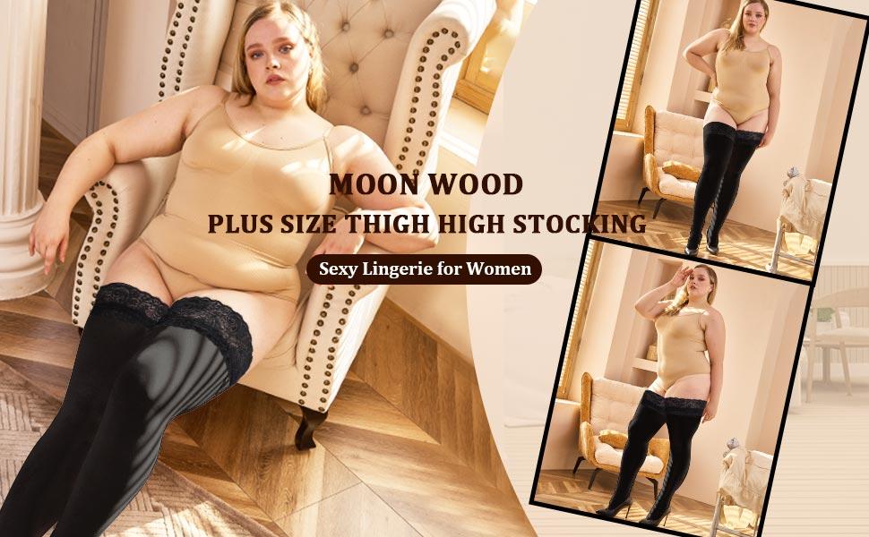 Moon Wood Plus Size Thigh High Stockings Womens 55D Semi Sheer Silicone Lace Top Stay Up Lingerie Thigh Highs Pantyhose Moon Wood Plus Size Thigh High Stockings Womens 55D Semi Sheer Silicone Lace Top Stay Up Lingerie Thigh Highs Pantyhose