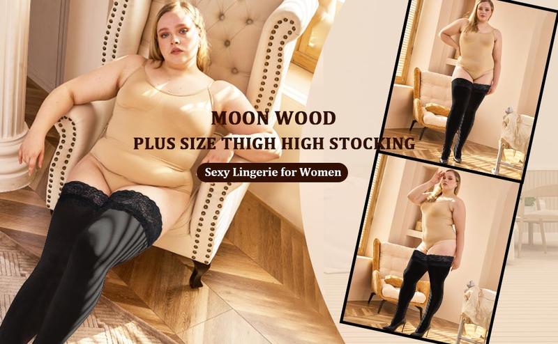 Moon Wood Plus Size Thigh High Stockings Womens 55D Semi Sheer Silicone Lace Top Stay Up Lingerie Thigh Highs Pantyhose