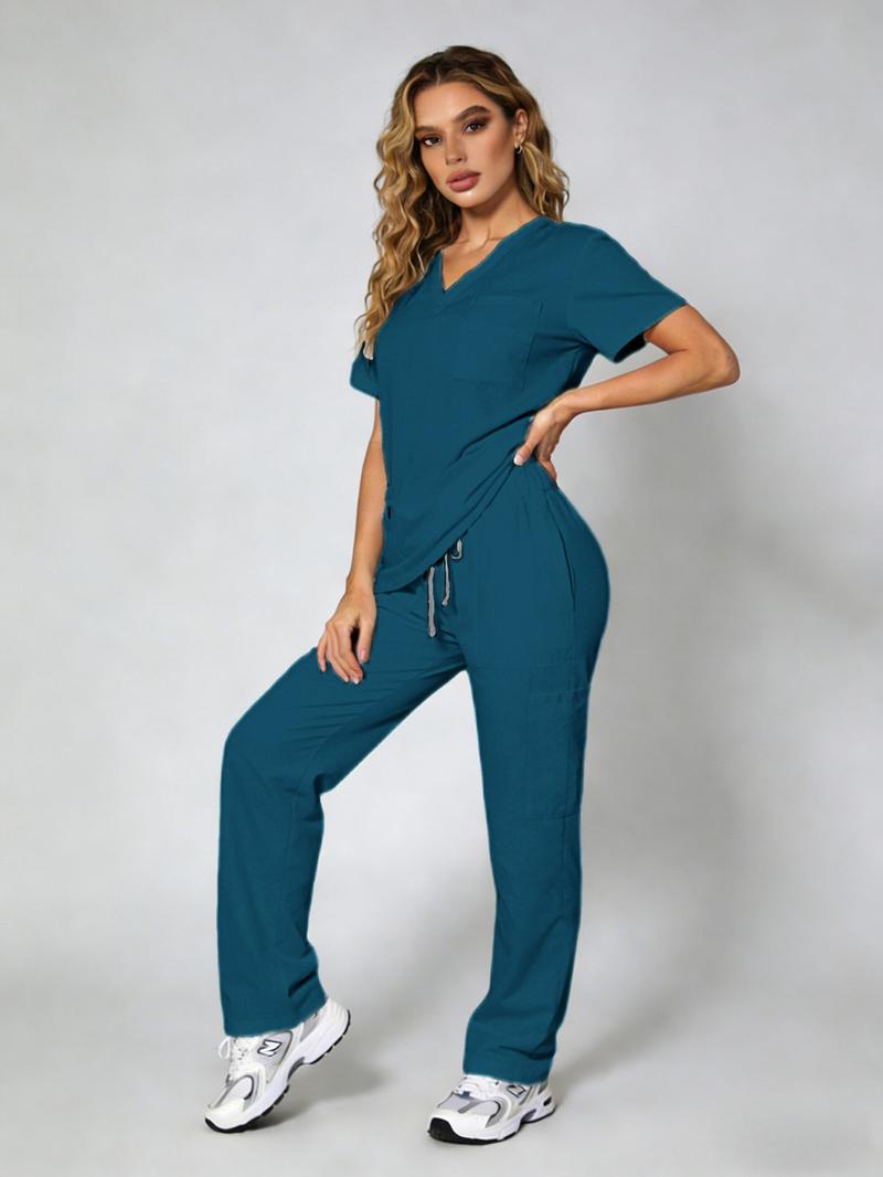 Women's V-Neck Quick-Dry Medical Scrubs Set Nurse Uniform, Stretchy Comfortable Lightweight, Multiple Pockets, Casual Home Wear, All Seasons