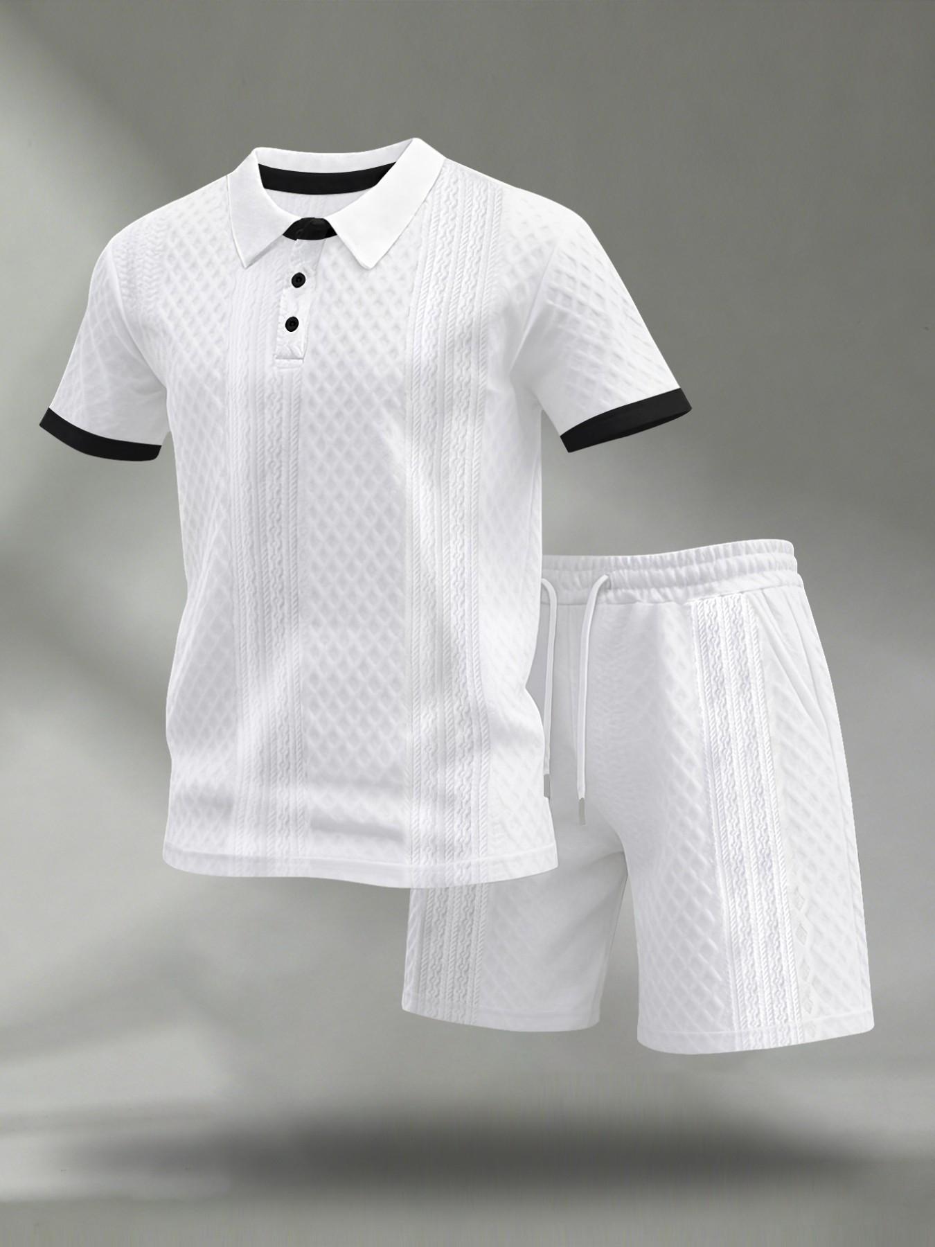 Men's Colorblock Polo Shirt & Drawstring Shorts Set, Textured Knit Short Sleeve, Casual Daily Wear, Summer Tropical Fashion Choice, Menswear, Clothes