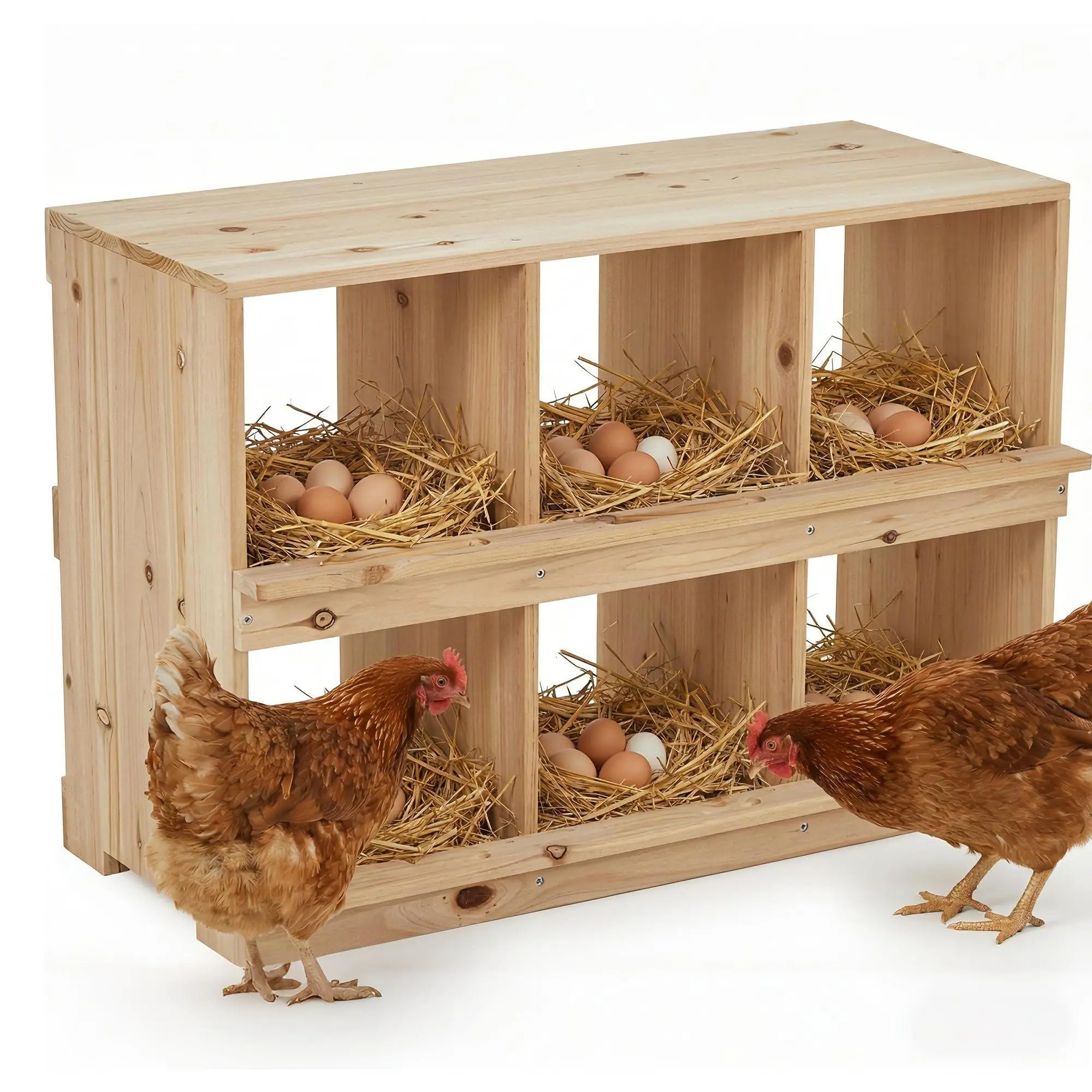 GARVEE Solid Wood Chicken Nesting Box - 2-Tier 6-Compartment Wall-Mounted Unit with Roll-Away Baffle, Multi-Size Ample Spaces, Anti-Roll Design, Easy Screw Installation for Backyard Coops (Chickens/Ducks), Screws