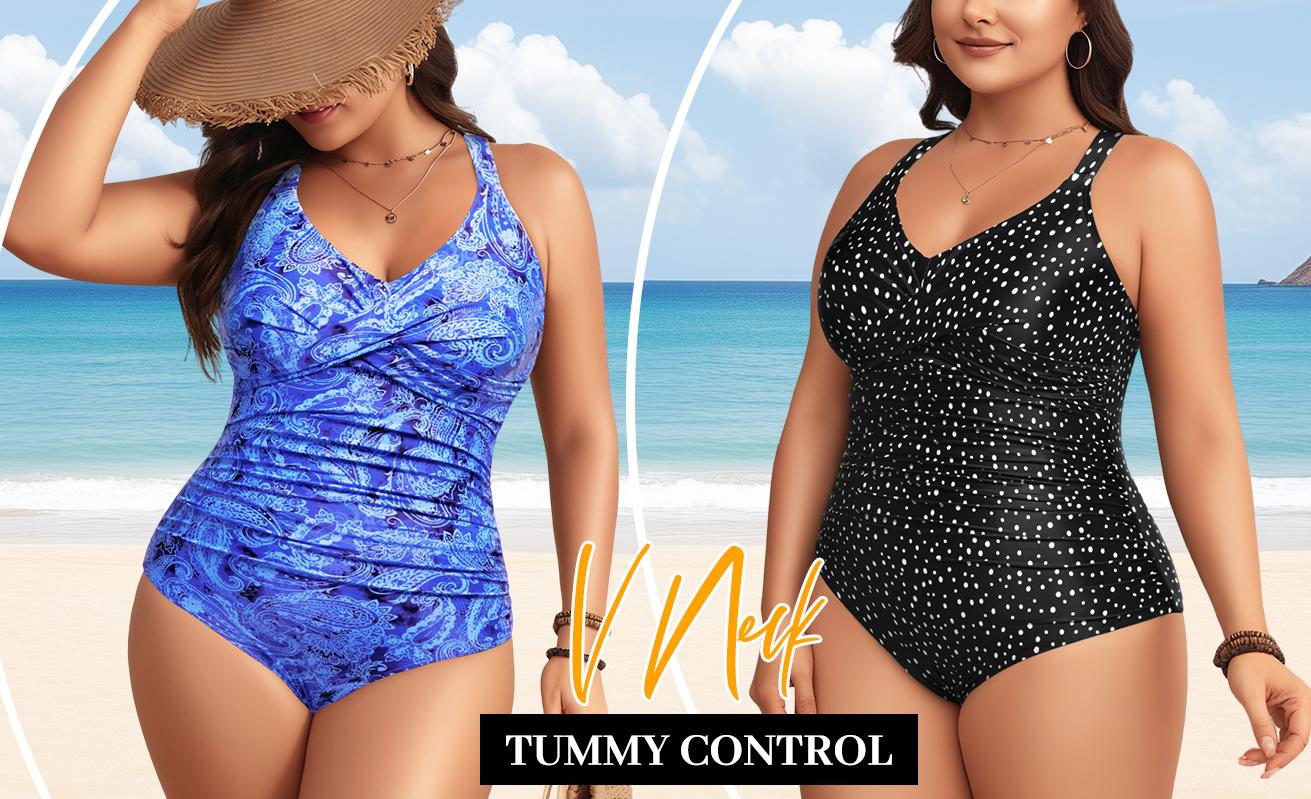 Aqua Eve Plus Size One Piece Swimsuit - Women's Tummy Control Bathing Suit Retro Full Coverage Swimwear 2026