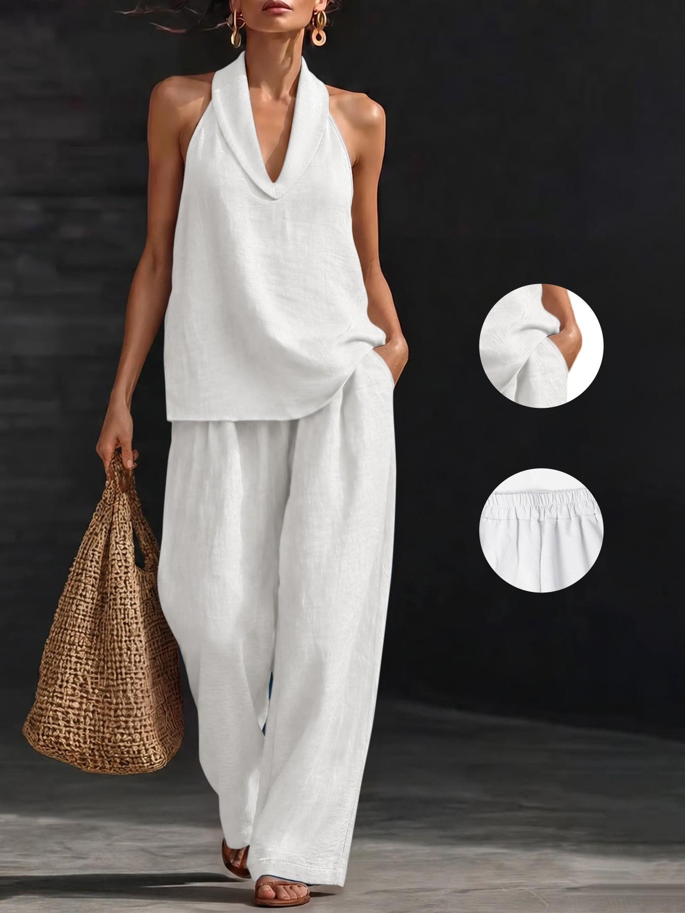 Two-Piece Women's Boho Halter Neck Sleeveless Crop Top and Wide Leg Pants Set, Casual Chic Summer Outfit for Vacation, Beach Clothes