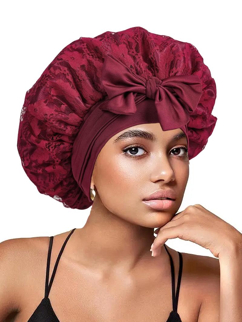 Women's Bonnet Pure Color Lace Design, Hollow Out Pattern, Double Layer Satin Sleep Cap, Non-Slip Hair Care Hat for All Hairstyles
