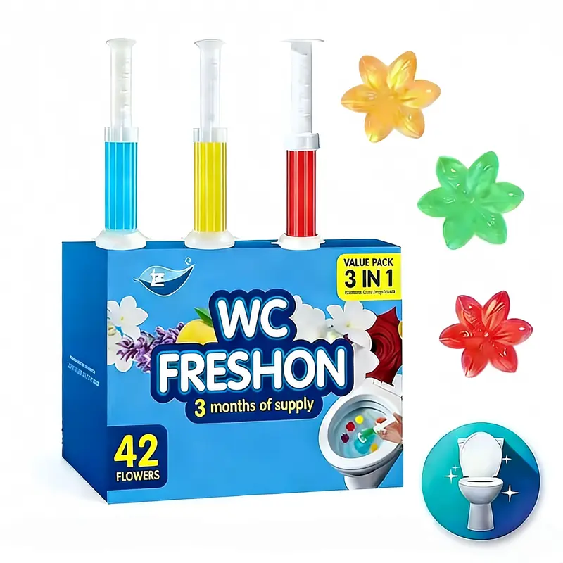 3-Pack Toilet Fresh Gel, 42 Flower-Shaped Gels with Dispenser, Long-Lasting Bathroom Deodorizer, 3-Month Freshness, Toilet Cleaner, Cleaning Supplies