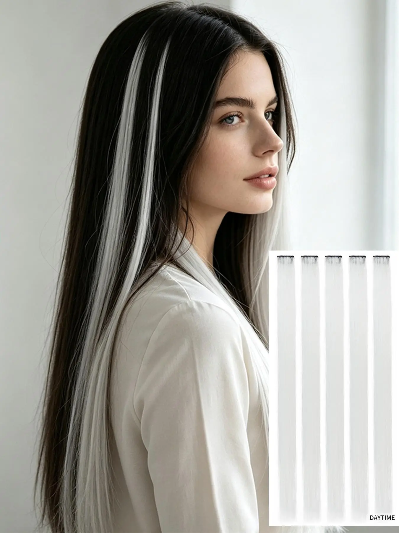 20 Inch Fluorescent Clip‑in Hair Extensions, 5Pcs Set, Black Light UV Reactive Rainbow Straight Hair Pieces for Women Girls Teens, White Pink Blue Available, Clip On Hair Pieces for Halloween Party Cosplay Music Festival Concert Rave