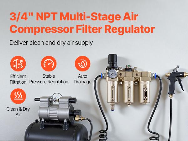 VEVOR Air Compressor Filter Regulator, 3/4 NPT 3-Stage 5m 0.3m 0.1m Air Drying System with Micron Filters and Desiccant Dryer, Auto Drain Air Compressor Water Separator 175PSI Max Pressure
