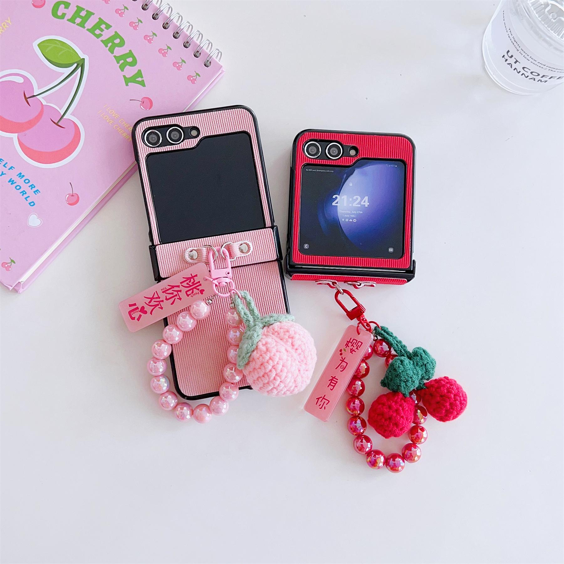 Korean Cute Peach Cherry Beads Ring Pendant Stripes Case for Samsung Galaxy Z Flip 7 Z Flip6 Zflip5 Zflip5 Back Cover