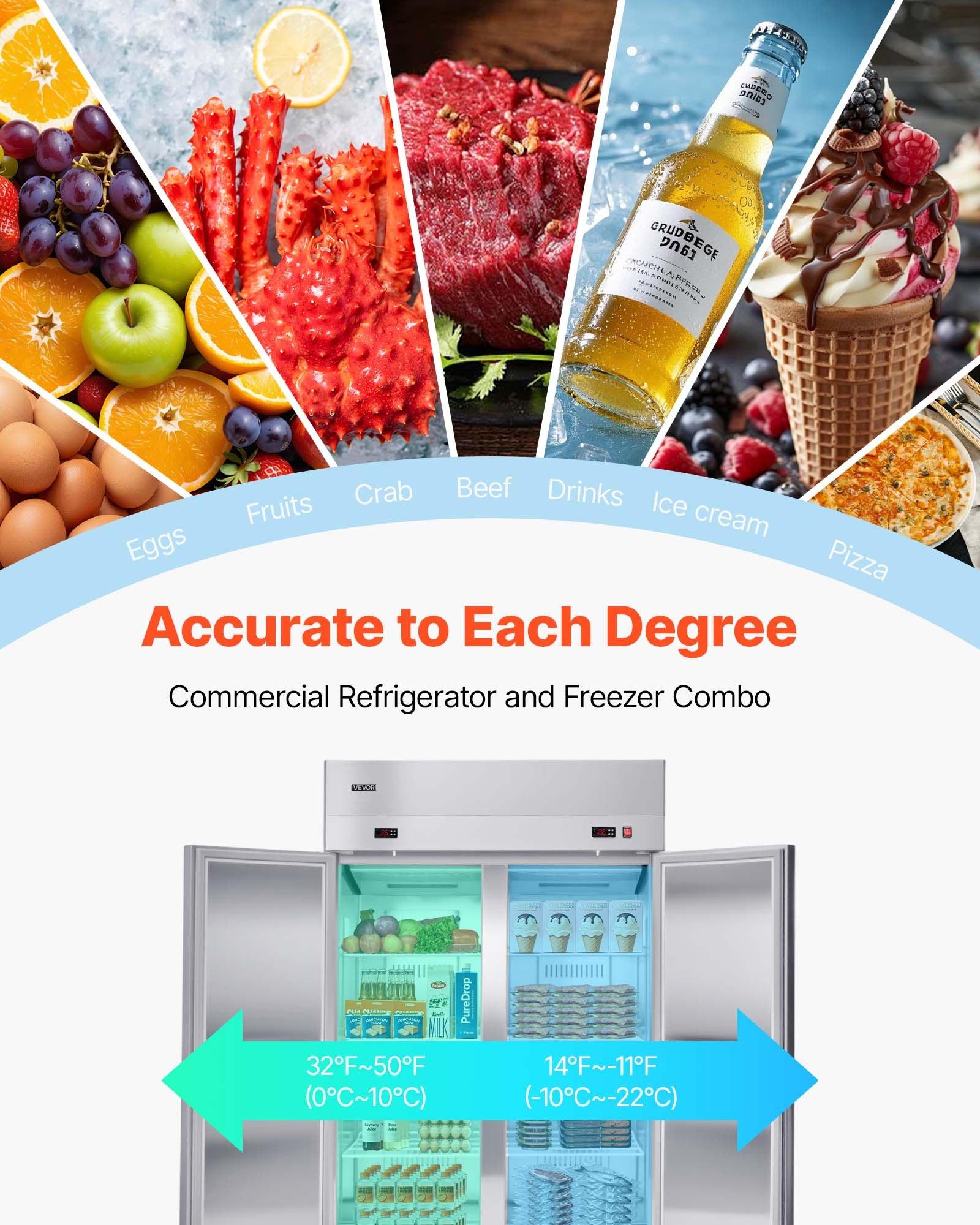 Commercial Refrigerator and Freezer Combo 48"W, 31 Cu. Ft Stainless Steel Upright Freezer/Refrigerator with 4 Doors, Auto-Defrost, 6 Adjustable Shelves, UL Certified