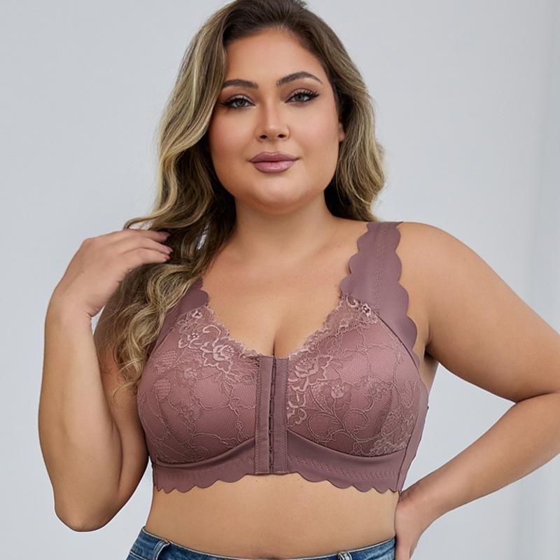 SERACAL 1 Piece Women's Plus Size Floral Lace Front Buckle Wireless Push Up Bra Thin Three Quarter Cup Underwear for Daily Wear