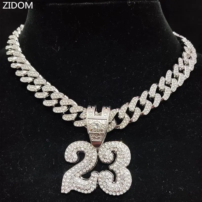 Men's-Women's Iced Out Bling 23-Number Pendant Necklace, 13mm Crystal Metal Cuban Link Chain, Daily Wear Fashion Charm Costume Jewelry, Chains