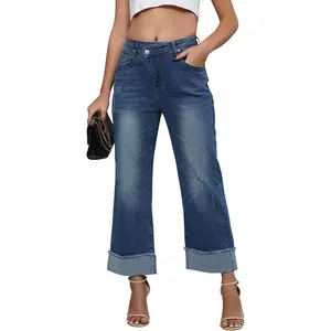 Wide Leg Cropped Jeans for Women Trendy High Waisted Crossover Boyfriend Jeans Mom Baggy Stretchy Denim