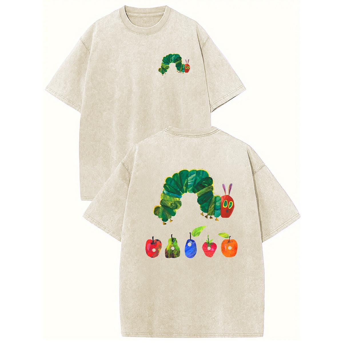 Holafish Heavyweight Cotton Crewneck Streetwear T-Shirt, Retro Acid Wash "The Very Hungry Caterpillar" Dual Side Graphic Printed Unisex Fashion Tees summervibes Casual Top