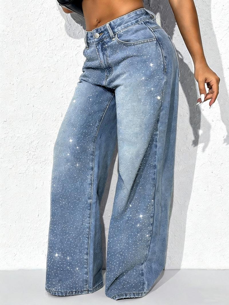 Women's Trendy Fashion Rhinestone Design New Elastic Comfortable Versatile Denim Jeans, Elegant Style, All Seasons, Woven Fabric