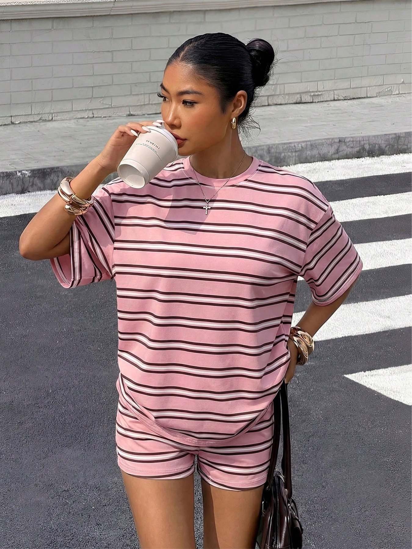 Women Two Piece Loungewear Set, Multi Tone Striped Tee & Mini Shorts, Soft Stretch, Casual Streetwear, Home, Comfortable Daily Wear