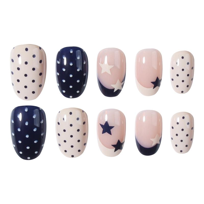 24pcs Short Oval Blue French Acrylic False Nails Set, Star & Polka Dot Design, Nail Art Design, Perfect Fit, Glossy Finish, for Women and Girls