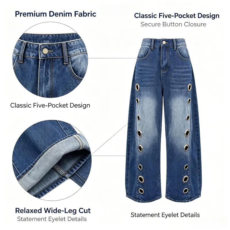 Women's High Waist Geometric Eyelet Cotton Mix Denim Style Jeans - Baggy Wide-Leg Cropped Bottoms with Side Pockets, Zip Fasten, Casual Fashion Fabric, 2026 Fall Festival Streetwear, Cold Wash Y2K Clothing