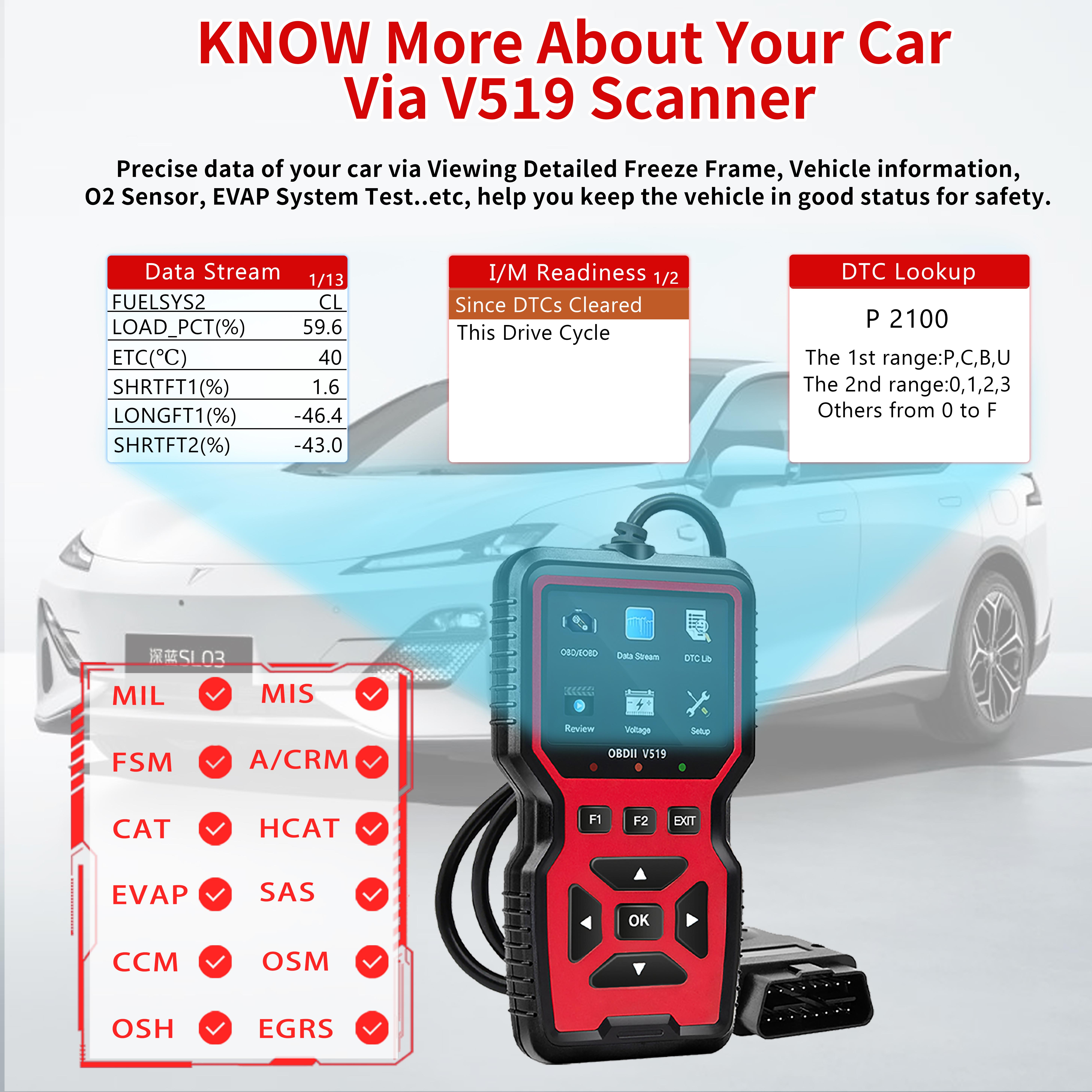 V519 OBD2 Scanner - Professional Mechanic Diagnostic Code Reader Tool with Live Data for Check Engine Light
