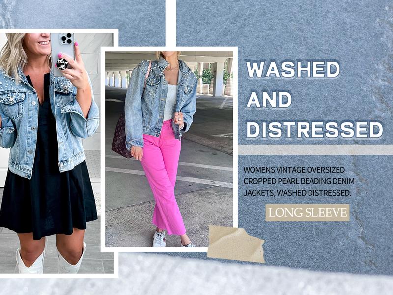Hixiaohe Women's Fashion Loose Embroidered Pearls Beading Cropped Denim Jacket Jean Coat TikTokShopBlackFriday