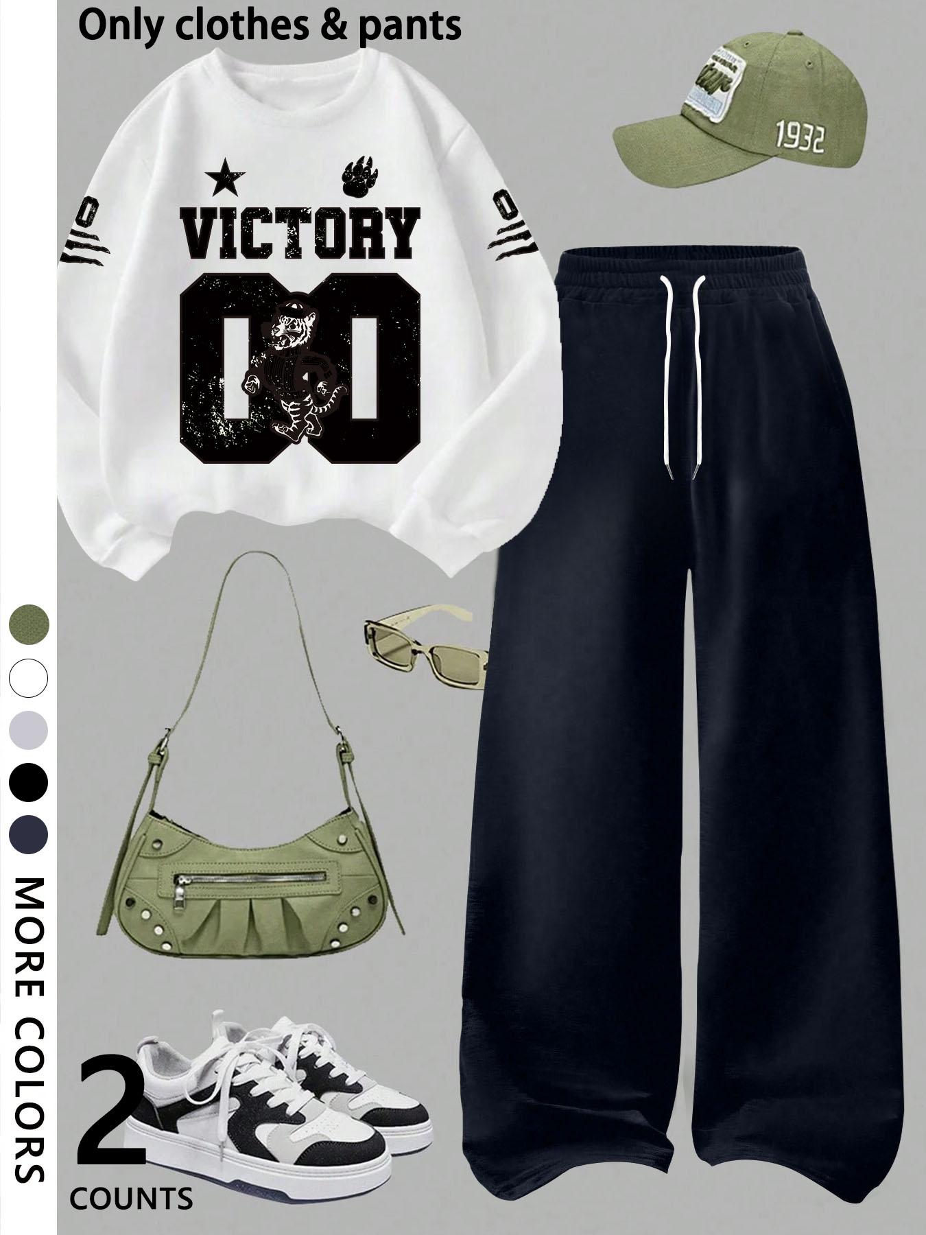 Girls' casual cool Graphic pattern print round neck pullover sweatshirt top and loose casual wide-leg pants, military green fashion dress, suitable for daily and going out Girls' casual cool Graphic pattern print round neck pullover sweatshirt top and loose casual wide-leg pants, military green fashion dress, suitable for daily and going out