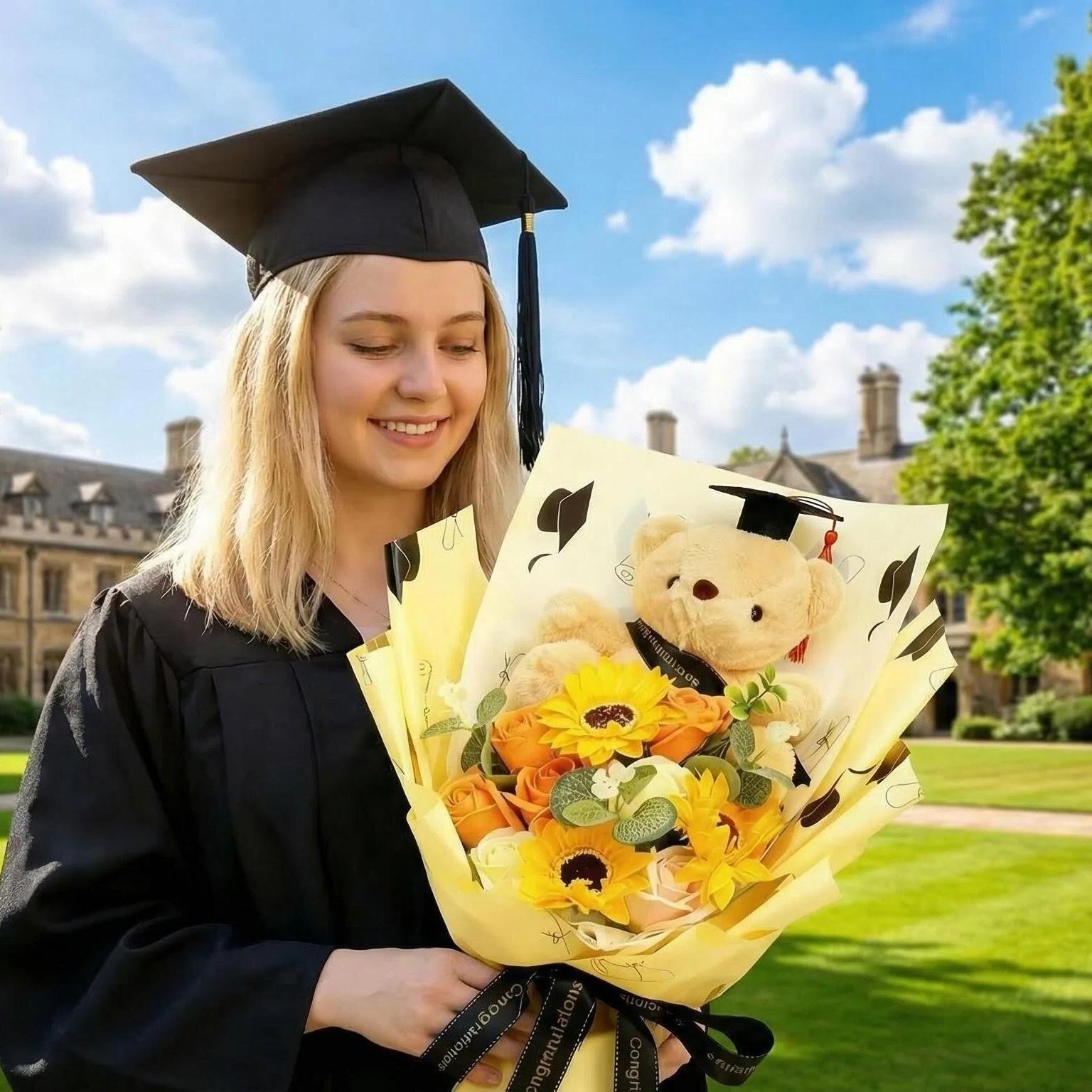 Graduation Teddy Bear Bouquet with Sunflower Soap Flowers, PhD Bear Plush Stuffed Animal in Window Gift Box, Artificial Floral Arrangement, Class of 2026 Gift for Friend