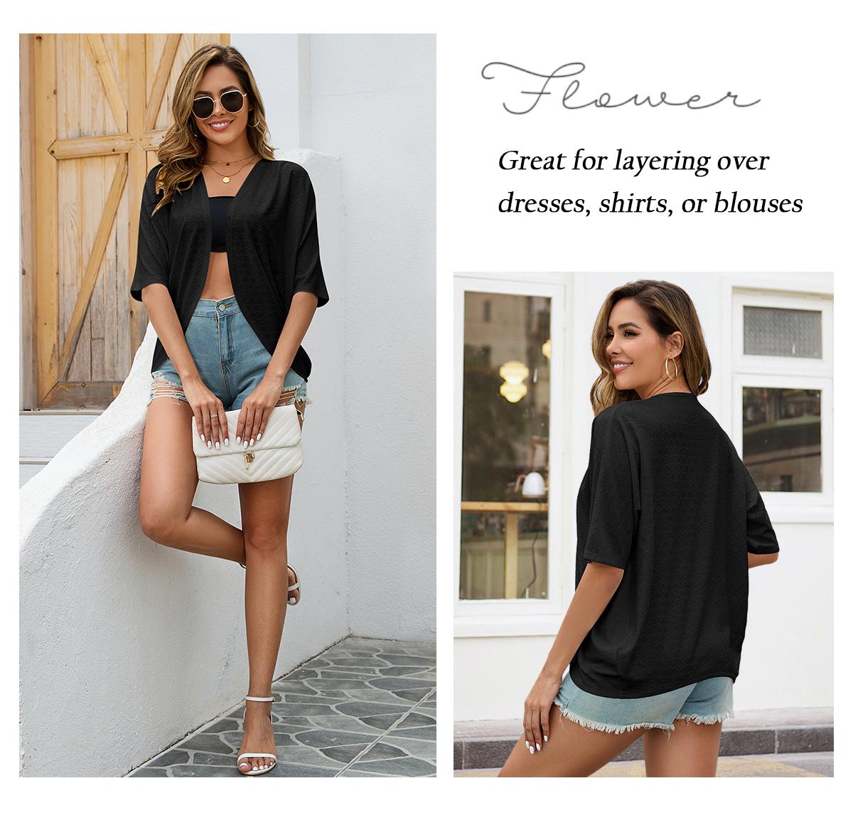 Chicovar Women Cardigan Summer Open Front Basic Kimono Eyelet 3/4 Batwing Sleeve Knitwear Minimalist Tops Lady Lightweight Dressy Cardigans Loose Casual Cover Up Tops